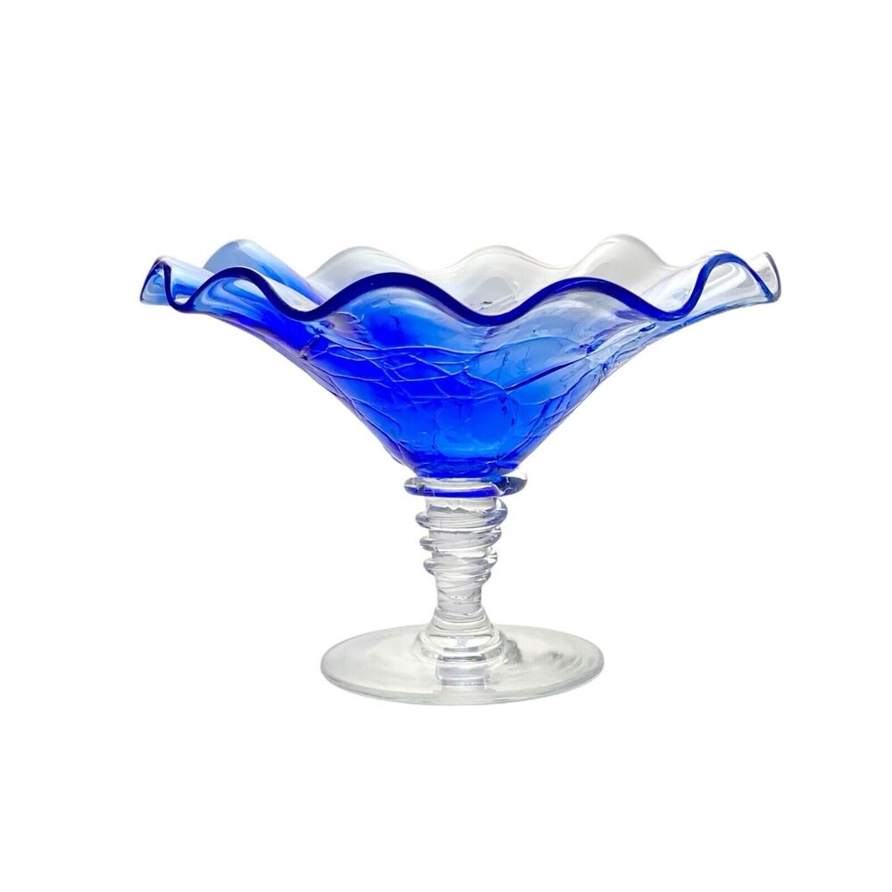 1990s Rossi Glass-Niagara Crackle Blue Pedestal Footed Ruffled Compote 6 7/8”